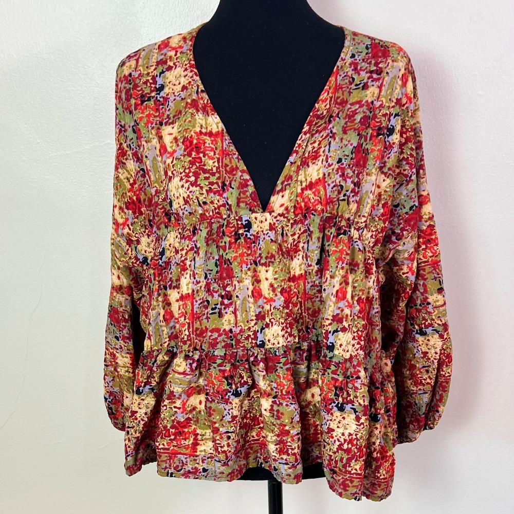 Bucket List Peplum Blouse Small Red Multi Abstract Floral Boho Balloon Sleeve